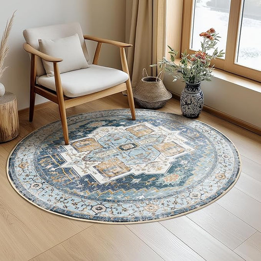 Washable 4ft Area Rugs, Rugs for Living Room, Low-Pile Water&Stain Resistant Carpet Vintage Distressed Printed Non-Slip Carpet for Bedroom Bathroom Kitchen-Sky Blue