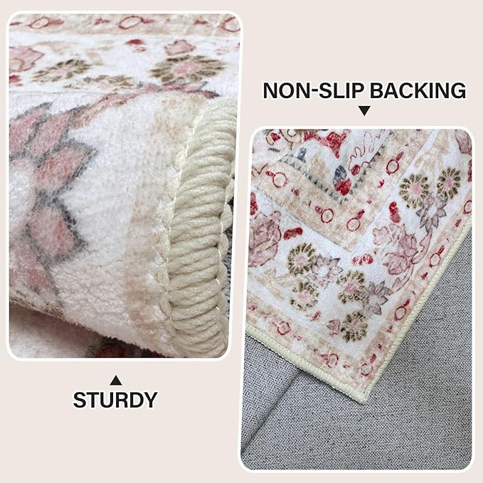 Vhong Pink Area Rugs Washable Boho Vintage Modern Neutral Small Carpet 2×3 Doormat for Bathroom Kitchen Entryway Girls' Room Nursery Room Non Slip