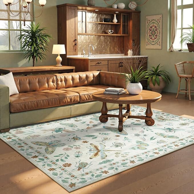 Beeiva Insect Print Rug 5x7, Washable Throw Rugs for Bedroom, Non Slip Soft Low Pile Ultra Thin Foldable Carpet for Office, Kids Room, Playroom, Nursery, Living Room - Beige