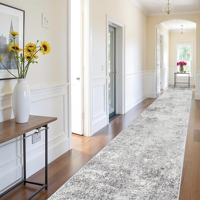Washable 3x16 Hallway Runner Rug - Runner Rugs Modern Stain Resistant Indoor Mat Rug Runner for Laundry, Bedroom Non Slip Rubber Backing Thin Hallway Runner Rug Low Pile Carpet 3x16 Grey