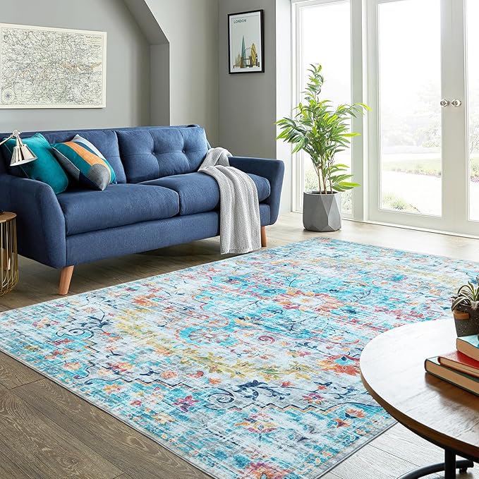 8x10 Area Rugs - Bohemian Area Rug for Bedroom | Non slip and Ultra Soft Machine Washable Rug for Indoor & Outdoor Use | Boho Rug for Living Room, Dining Room and Home Décor - Blue and Multi