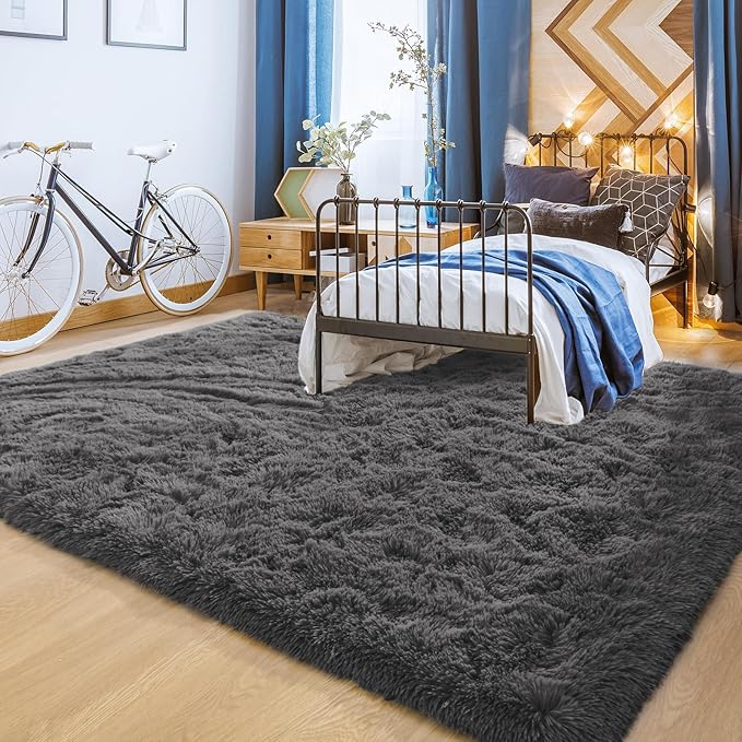 YJ.GWL Area Rugs for Living Room Bedroom, 9x12 Machine Washable Large Dark Grey Carpet, Soft Fluffy Shaggy Thick Big Shag Indoor Floor Rug for Kids Boy and Girls Room Dorm Home Decor Aesthetic