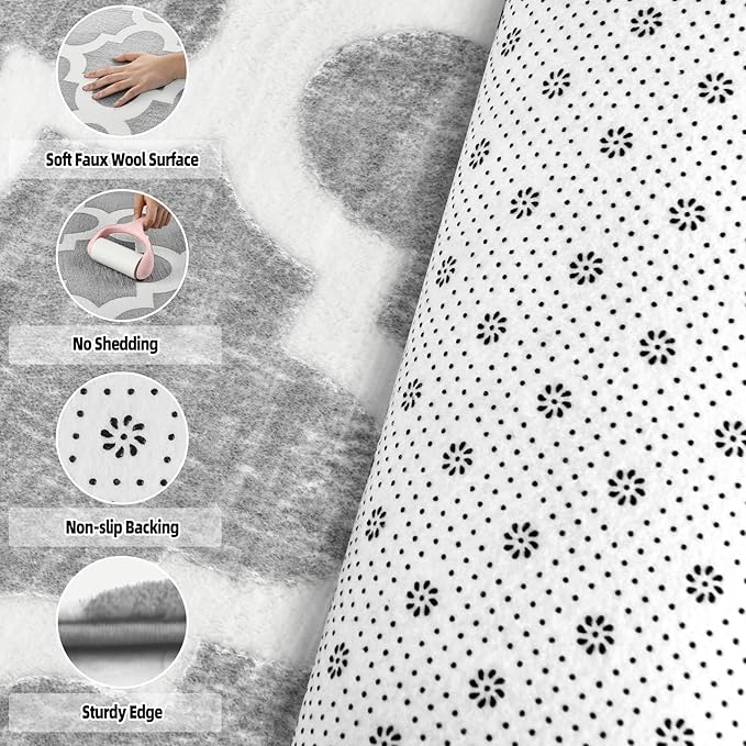 Geometric Shag Modern Area Rug for Living Room Bedroom, 3x5 Distressed Moroccan Fluffy Rug Indoor Carpet for Kids Nursery Bedside Room Decor, Memory Foam Super Soft Shaggy Rugs, Grey/White