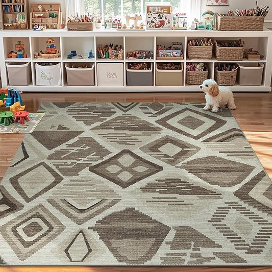 jinchan 8x10 Kids Washable Area Rug Geometric Moroccan Faux Jute Indoor Nursery Rug Non-Slip Colorful Modern Carpet for Playroom Kids Room Living Room Bedroom Laundry Room Boho Grey