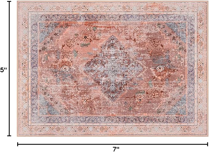 Phantoscope Vintage Collection Area Rug 5'x7' for Living Room - Washable Rug Large Boho Carpet Non-Slip for Bedroom Dining Room, Indoor Low-Pile Neutral Distressed Accent Rug, Rust/Multi
