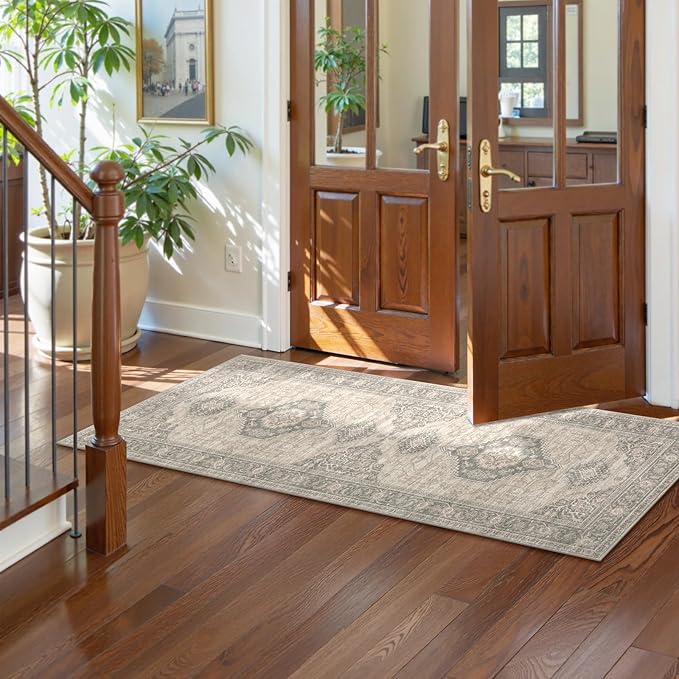 Lahome Oriental Kitchen Runner Rug, 2x6 Washable Rug Runners for Hallway 6 Feet Non Slip, Vintage Soft Long Carpet for Laundry Room Bedside Entryway, Grey/Brown
