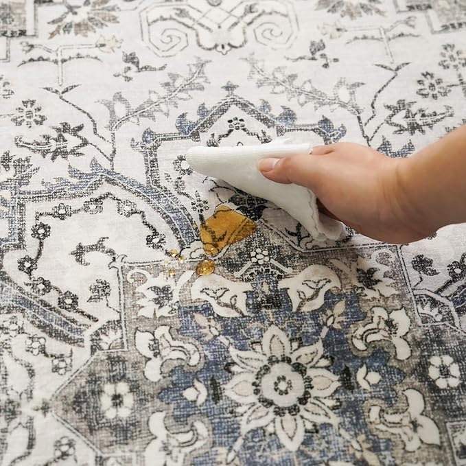 Washable Area Rug Vintage - Living Room Farmhouse Oriental Rug 6x9 Distressed Non-Slip Stain Resistant Carpet for Bedroom Dining Room Home Kitchen Office (6x9 Grey/Blue)