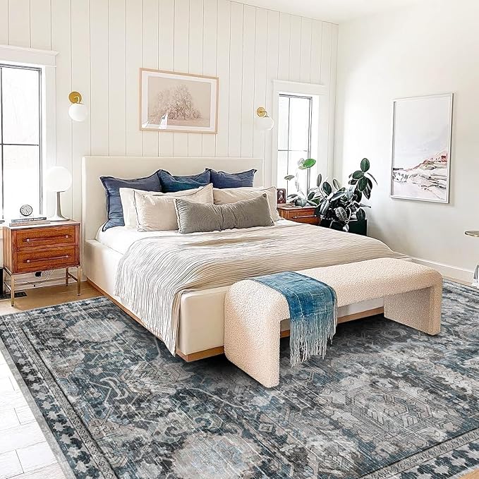 Washable Area Rugs - Perfect for Living Room, Bedroom, Kids Room, Nursery - Stain & Water Resistant Non-Slip, Pet & Child Friendly, Vintage Tribal Area Rugs (Grey and Blue, 8' x 10')