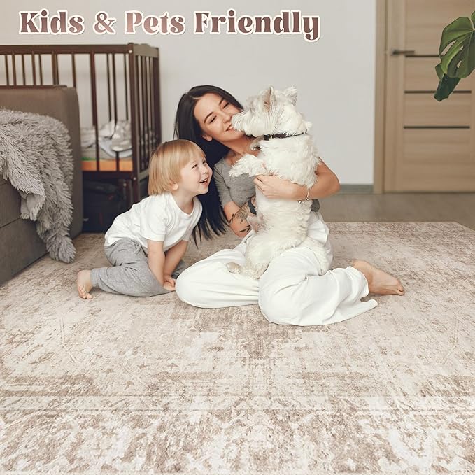 10x14 Area Rugs Washable Rug: Large Vintage Living Room Rug with Non-Slip Backing Low Pile Rugs Soft Indoor Floor Thin Carpet Neutral Carpets for Bedroom Dining Room Farmhouse Nursery Brown/Cream