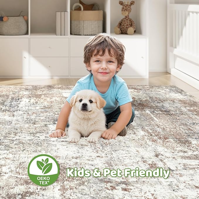 10x12 Area Rug Living Room: Washable Large Abstract Modern Soft Rugs Stain Resistant Indoor Floor Non Slip Accent Carpet for Bedroom Nursery Playroom Office Dining Room Dorm Home House- Brown