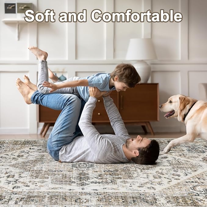 Area Rugs for Living Room 9x12 - Large Machine Washable Vintage Oriental Soft Rug, Low Pile Thin Carpet with Non Slip Backing for Bedroom, Dorm, Under Dining Room Table, Indoor House, Office Decor