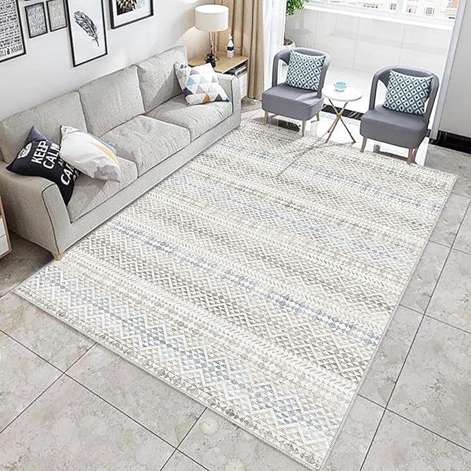 8'x10' Machine Washable Vintage Design Area Rug - Non Slip, Stain Resistant for Home, Office, Machine Washable Area Rugs 8x10 for Living Room (Grey Blue Cream 8x10)