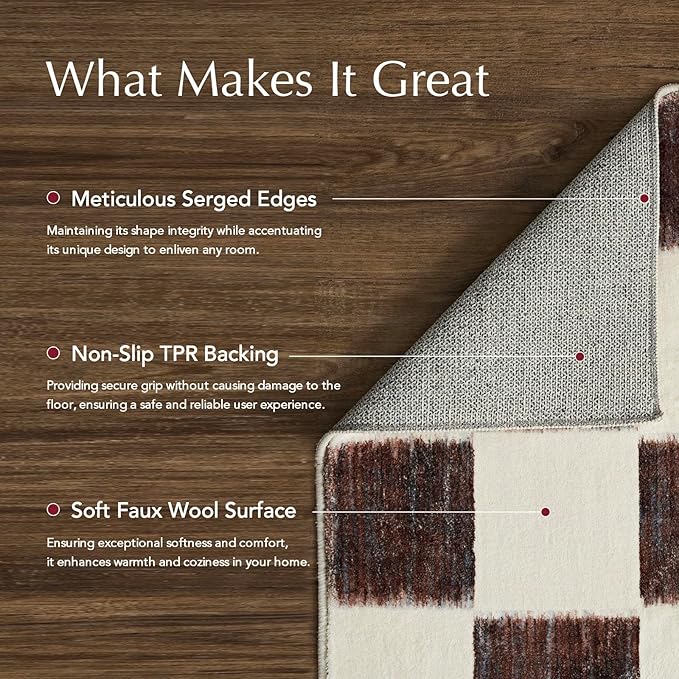 EVERGRACE Checkered Plaid Area Rug 5x7, Soft Fuzzy Faux Wool Rugs Washable Anti Slip Rugs Large Rug for Entryway Bedroom Living Room Hallway Kitchen Dining Room and Laundry Room, Dark Brown and White