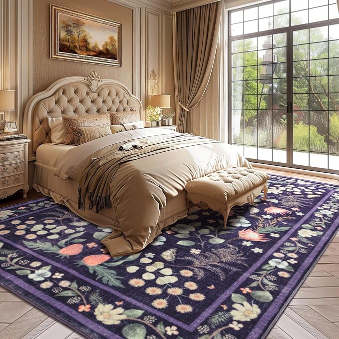 Area Rugs for Living Room, Washable 5x7 Vintage Rug for Bedroom, Non-Slip Floral Carpet for Home Office Nursery Dining Room Kitchen, Purple
