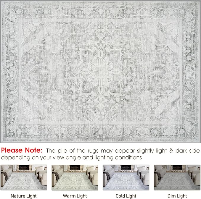 Washable Rugs 8x10 Area Rugs, Soft Vintage Living Room Rug with Anti-Skid Backing Stain Resistant Thin Indoor Carpet Large Area Rug for Bedroom Under Dining Room Table Nursery Entryway-Gray/Black
