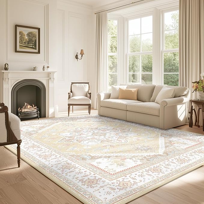 BESTSWEETIE 3x5 Area Rugs for Living Room Washable Non Slip Carpet Low Pile Soft Vintage Print Pattern Rug for Bedroom Dining Room Kitchen Entryway Indoor-Cream/Light Yellow/Brown/Blue/Red/Pink