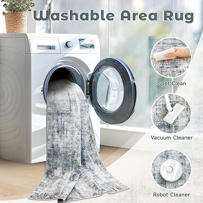 Washable Entryway 2x3 Rugs: Neutral Small Area Rug Abstract Non Slip Modern Indoor Door Mat for Kitchen Bedroom Hallway Office (Multi Blue, 2'x3')