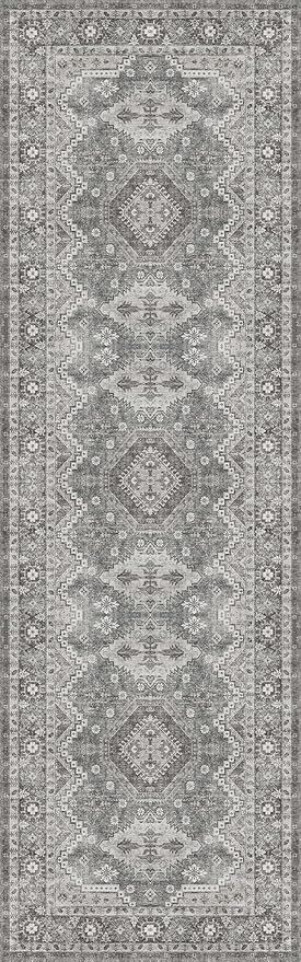 Rugland 2'6x8' Runner Rug - Stain Resistant Entryway Rug, Anti Slip Backing Hallway Runner, Vintage Tribal Area Rugs (TPR07-Grey, 2'6x8')