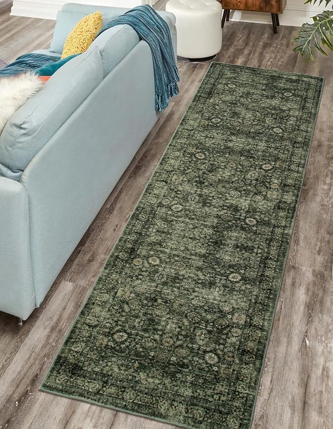 Morebes Washable Dark Green Runner Rug 2x8, Vintage Boho Runners for Hallways Non Slip, Soft Floral Indoor Floor Throw Carpet for Kitchen Laundry Room Bedroom Bathroom Living Entryway