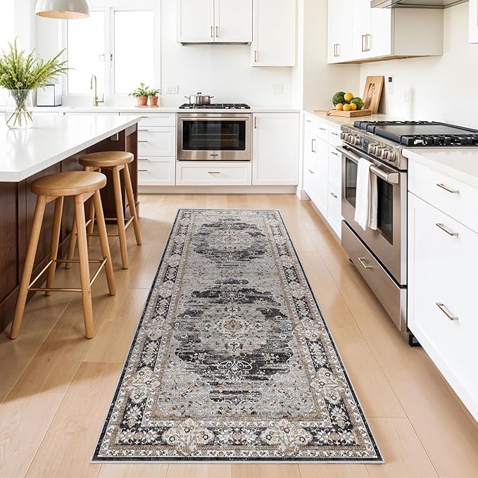 3x8 Runner Rug for Hallway Washable: Non Slip Kitchen Rugs with Rubber Backing Soft Waterproof Mats Stain Resistant Indoor Vintage Carpet Runner for Bedroom Bathroom Laundry Entryway Black/Gray