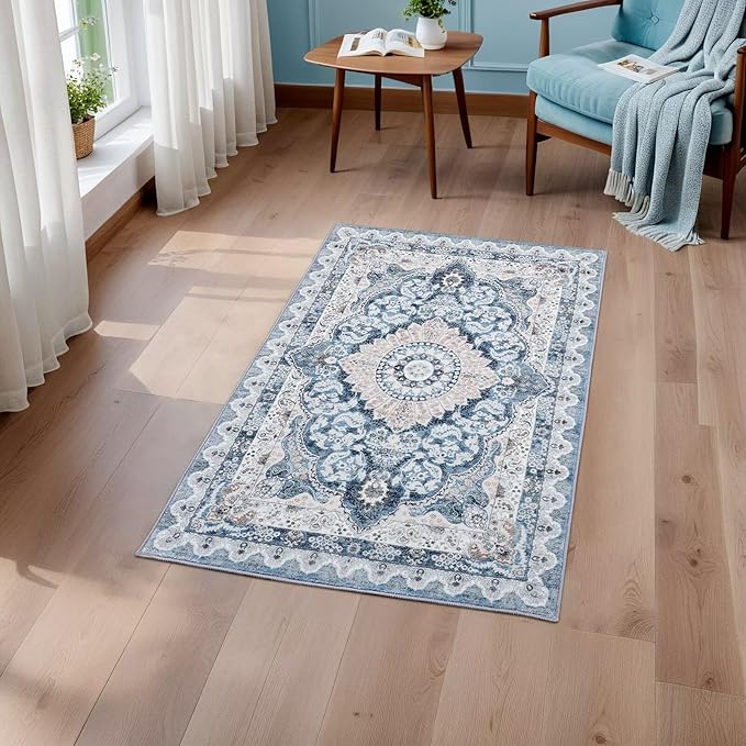 2x3 Small Area Rug for Entryway, Soft Washable Rugs with Non-Slip Backing for Bedroom Kitchen, Vintage Throw Carpet Laundry Entry Door Decor, Blue & Beige
