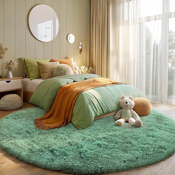 OLANLY Mint Green Round Rugs for Bedroom - Machine Washable, 4x4 Feet Circle Area Rugs for Living Room, Soft and Fluffy Shaggy Carpet for Teen Girl and Boys, Dorms, Nursery Rooms, Home Decor Aesthetic
