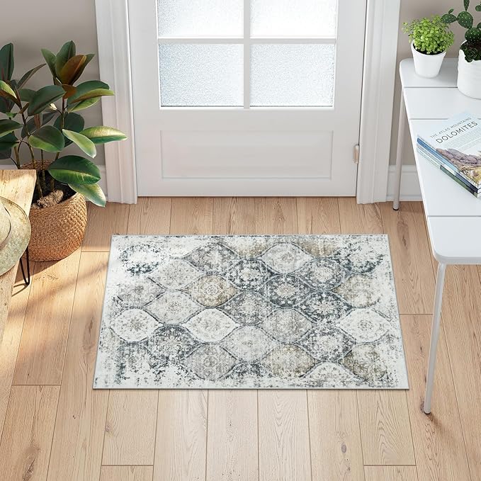 LIVEBOX Washable Rug 2x3 Kitchen Mats for Floor Entryway, Non Slip Front Door Mat for Bathroom Hallway,Boho Low-Pile Small Carpet Moroccan Throw Indoor Rugs for Bath Sink, Black