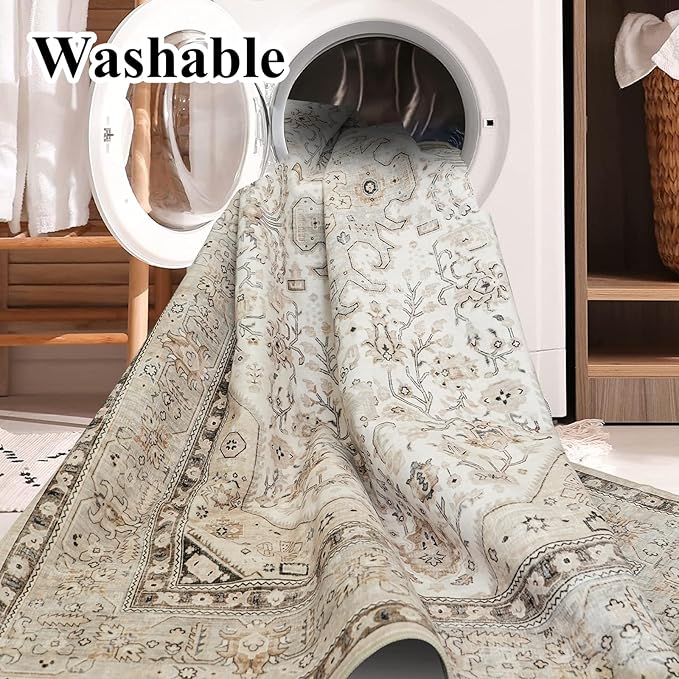 Washable Area Rug 5x7 - Bedroom Living Room Large Indoor Rugs Soft Oriental Vintage Rugs Non-Slip Backing Stain Resistant for Farmhouse Kitchen (5x7 Ivory/Multi)