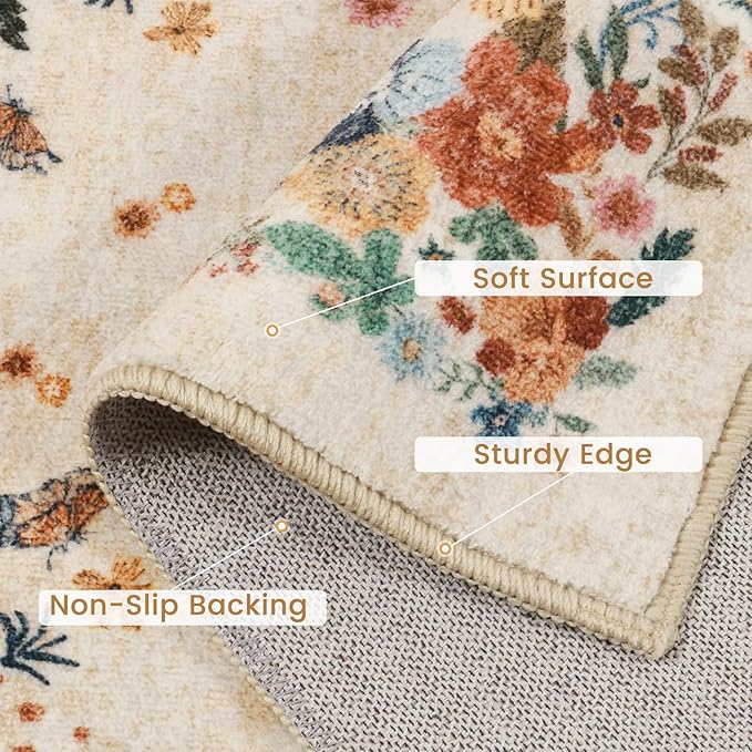 2x6 Runner Rug for Entryway Indoor, Floral Washable Rug Runners for Hallways Non Slip, Boho Kitchen Runner Rugs with Rubber Backing Cream Carpet Runner for Bedroom Entryway Laundry Bedside