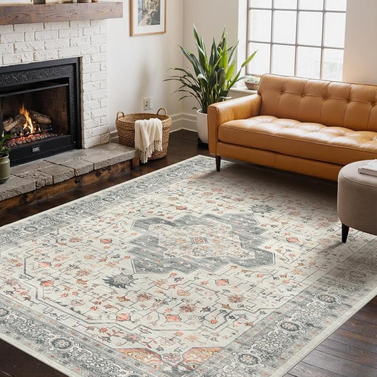 4x6 Washable Area Rug for Living Room, Vintage Neutral Boho Rugs for Office, Dining Room, Kids Room, Farmhouse, Durable Low Pile Non Slip Carpet for High Traffic Areas, Taupe