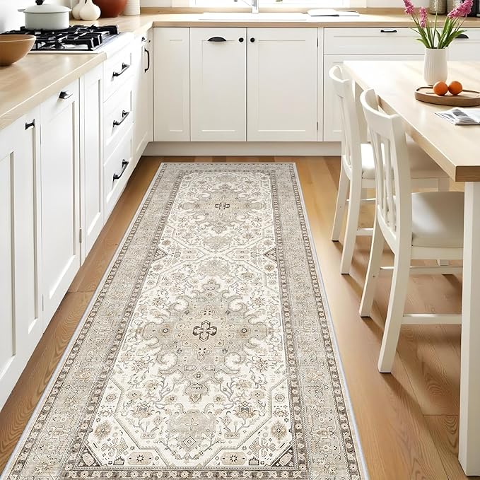 3x8 Runner Rug Kitchen - Hallway Non Slip Washable Oriental Runners Soft Indoor Neutral Carpet for Entry Bedroom Farmhouse Low Pile Stain Resistant Hall Rugs Long Thin Front Door Mat - 3x8 Ivory
