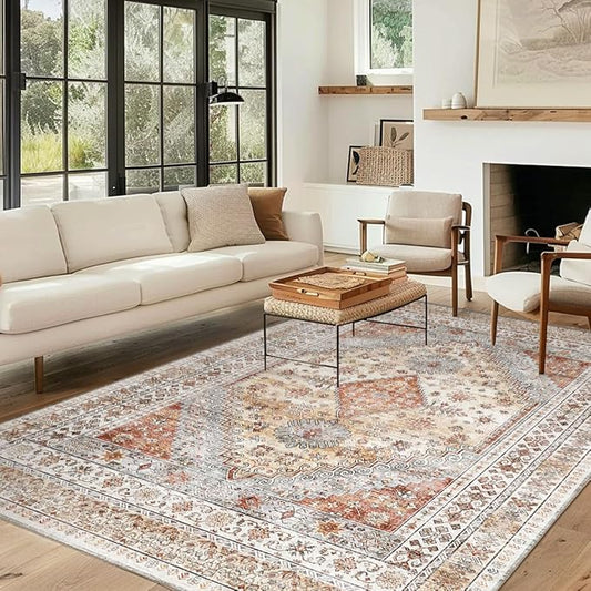 Large-Size Rug for Living Room-Washable Area Rugs 8' x10' for Bedroom, Non-Shedding Faux Wool Vintage Design Boho Low Pile Mat Rugs,Stain Resistant Rugs with Non-Slip Backing（Light Color）