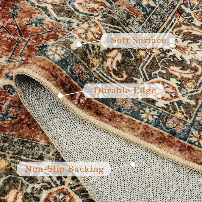 Lahome Oriental Hallway Runner Rug Non Slip, 2.5x8 Kitchen Washable Runner Soft Hallway Rug, Traditional Ultra-Thin Carpet for Bathroom Entryway ‎Laundry Room, Brick Red