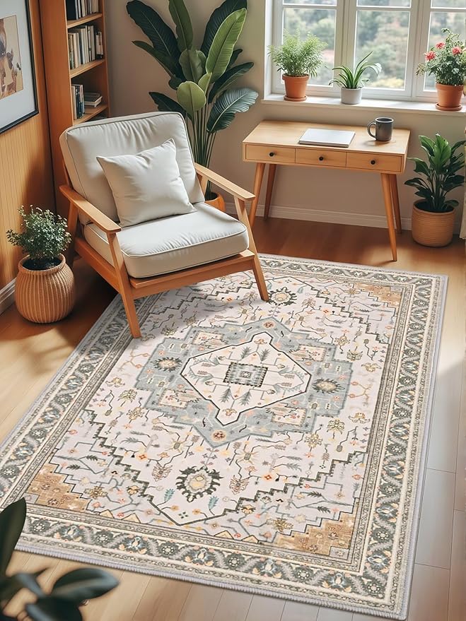 4x6 Grey Beige Area Rug for Living Room, Machine Washable Rugs with Non-Slip Backing for Bedroom, Vintage Medallion Carpet Kitchen Laundry Kids Room Decor