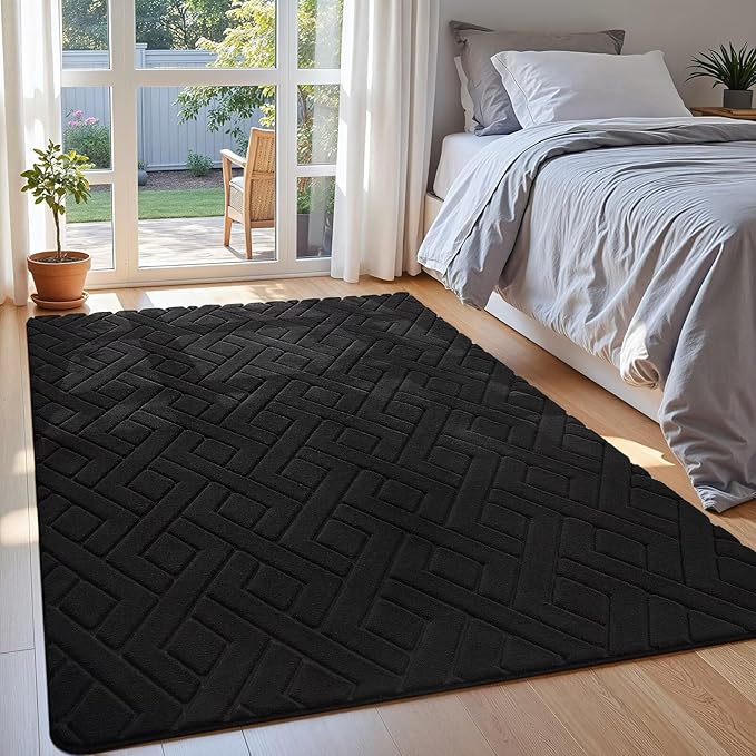 Ultra Soft Black Area Rug for Bedroom, 3x5 Modern Geometric Shag Rugs with Nonslip Backing for Living Room, Washable Fuzzy Carpet for Cozy Kids Room Nursery