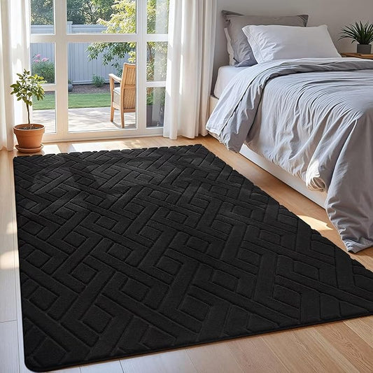 Ultra Soft Black Area Rug for Bedroom, 4x6 Modern Geometric Shag Rugs with Nonslip Backing for Living Room, Washable Fuzzy Carpet for Cozy Kids Room Nursery