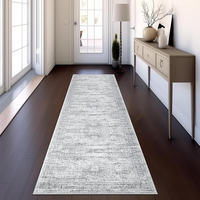 Runner Rug 2'x8' Washable Non-Slip Runner Rugs for Kitchen Bathroom Laundry Room Grey Vintage Floor Carpet Runners for Hallway Entryway