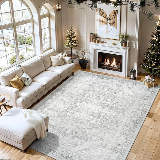Washable Rugs 8x10 Area Rugs, Soft Vintage Living Room Rug with Anti-Skid Backing Stain Resistant Thin Indoor Carpet Large Area Rug for Bedroom Under Dining Room Table Nursery Entryway-Gray/Black