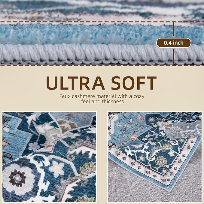 Washable Area Rug 5x7 Non-Slip, Navy Blue Boho Rugs for Living Room Decor，Indoor Mat for Front Porch, Kitchen, Laundry Room, Bathroom