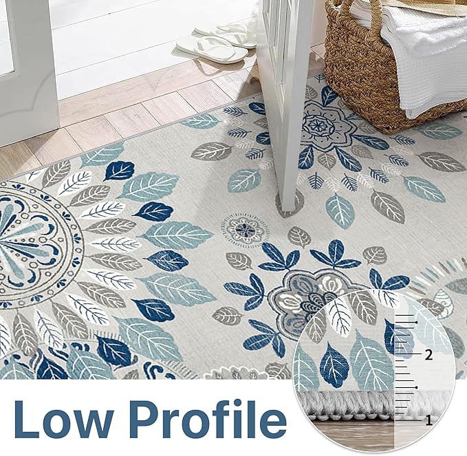Bavni Kitchen Runner, Washable 2x12 Rugs Non Slip, Floral Thin Runners, Stain Resistant Carpet Runner for Bathroom, Bedroom, Hallway, Azure Blue/White