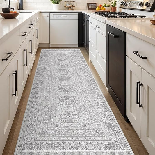 3x10 Runner Rug Kitchen Washable: Oriental Indoor Hallway Runners with Non Slip Backing Floor Mat for Entryway Door Low Pile Thin Carpet for Bedroom Bathroom Living Room Bedside Grey