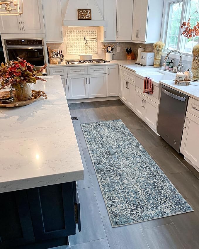 Morebes Vintage Runner Rugs for Hallway 2x6, Blue Washable Kitchen Runner Rug Non-Slip, Distressed Soft Low Pile Non-Shedding Indoor Floor Carpet for Entryway Bathroom Bedroom