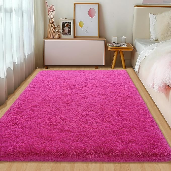 4x6 Hot Pink Rug for Bedroom Girls, Soft Fluffy Plush Shag Rugs for Kids Baby Bedside, Non-Slip Indoor Floor Thick Rugs, Living Room Nursery Dorm Home Decor Throw Carpet
