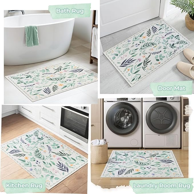 Syalife 2x3 Area Rugs, Non Slip Washable Small Rugs for Entryway, Kitchen, Bathroom, Kids Room, Low Pile Entry Throw Rug Indoor Front Door Mat (Green Leafy, 2'x3')
