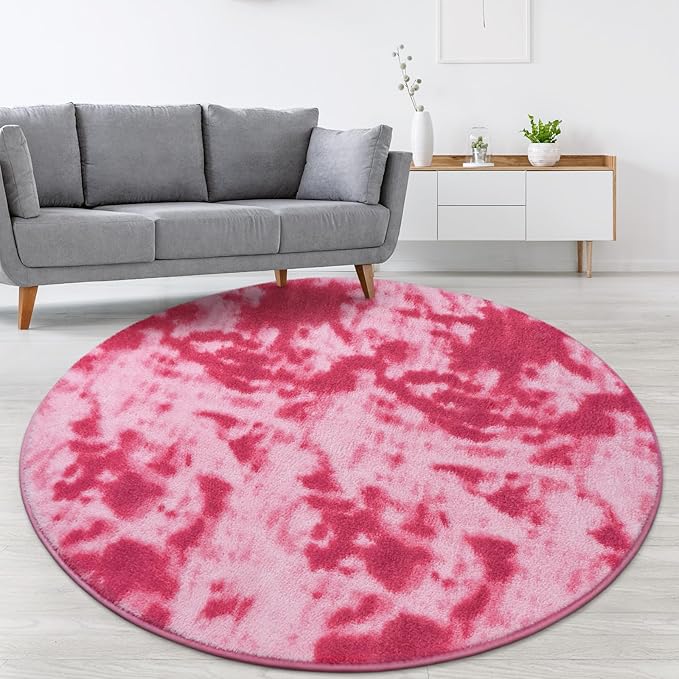 Lascpt Round Rug for Bedroom 4x4, Tie-Dyed Pink Circle Rug for Living Room Super Soft Thicken Memory Foam Circular Rug, Indoor Area Rug for Modern Home Decor, Round Carpet for Nursery Kid's Room