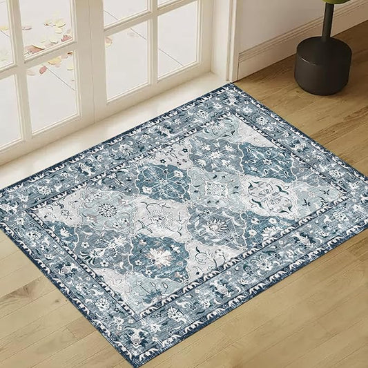 Washable Boho Vintage Area Rugs 2×3 Non-Slip Traditional Blue Area Rug Doormat for Bathroom Kitchen Entryway