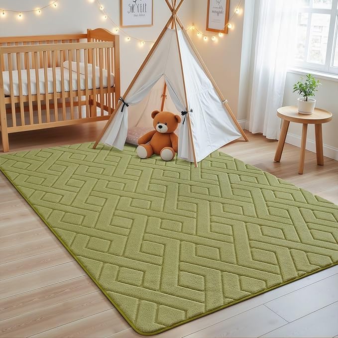 Ultra Soft Green Area Rug for Bedroom, 4x6 Modern Geometric Shag Rugs with Nonslip Backing for Living Room, Washable Fuzzy Carpet for Cozy Kids Room Nursery