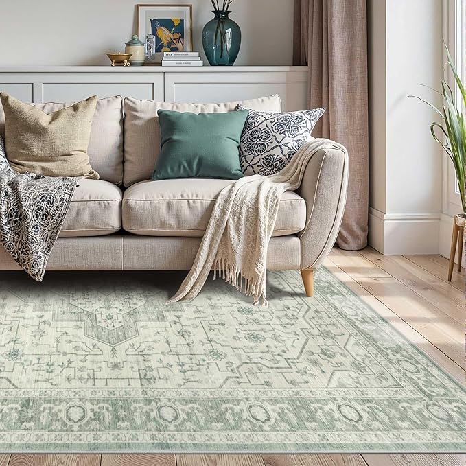 4x6 Washable Area Rug for Living Room, Vintage Boho Rugs for Office, Dining Room, Kids Room, Farmhouse, Durable Low Pile Non Slip Carpet for High Traffic Areas, Sage Green