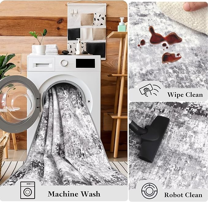 Washable Abstract Rug, 2x3 Small Modern Area Rugs with Non-Slip Rubber Backed for Kitchen, Thin but Soft Throw Carpet Bedroom Entryway Front Door Decor, Dark Grey
