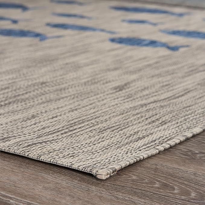 LR Home 8 x 10 Indoor / Outdoor Area Rug for Home Decor | Coastal School of Fish large size carpet for living room, bedroom, playroom, patio, garden | Modern farmhouse rug | Gray / Navy